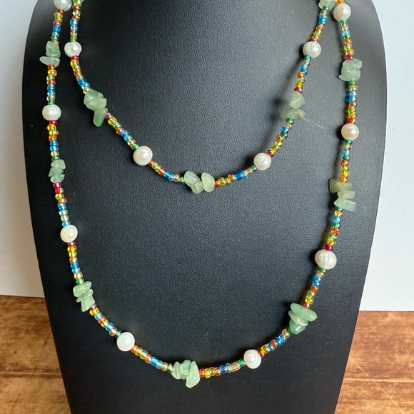 Multicolor and Pearl Boho Beachy Beaded Necklace with Green Accents - Picture 5 of 10